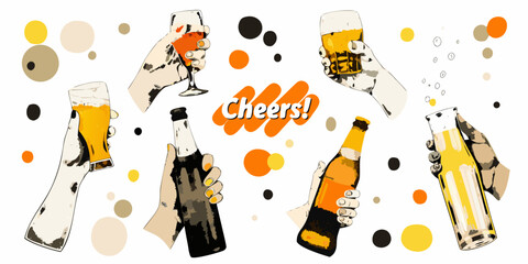 Cheers celebration hands holding beer bottles and glasses with abstract background