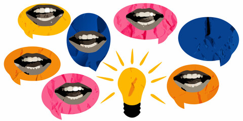 Colorful speech bubbles with mouths and a lightbulb for ideas