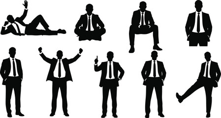 Businessman silhouettes set, vector illustration collection of man in suit standing, sitting, meditating and celebrating success, corporate figures isolated on white background.
