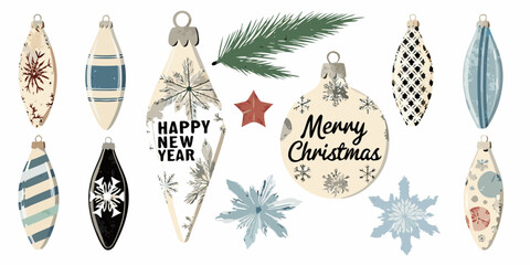Vintage christmas ornaments and decorations with happy new year text