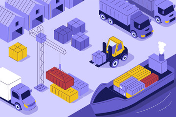 Fototapeta premium Global logistics, shipping vector. Cargo ship at port, containers, warehouse. International freight transportation concept. Isometric illustration.