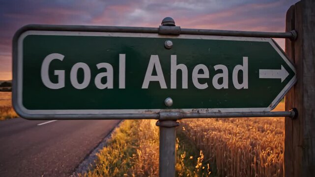 Goal Ahead Sign at Sunset - A green "Goal Ahead" sign with a right-pointing arrow sits beside a rural road. The road leads towards the horizon under a vibrant sunset sky.
