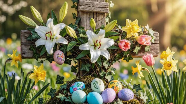Easter Cross with Lilies and Eggs - A wooden cross stands in a field of wildflowers, adorned with white lilies, yellow daffodils, pink tulips and green ivy.