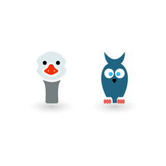 A simple collection of flat design bird icons featuring a stylized white goose and a blue owl illustration