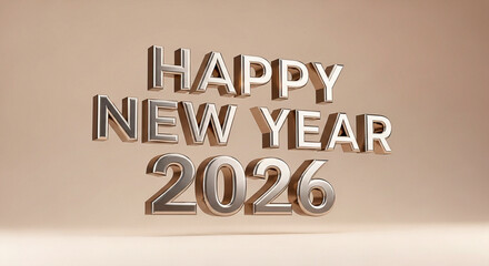 Elegant 3D Silver 'Happy New Year 2026' Typography with Light Reflections on Pastel Beige Backdrop