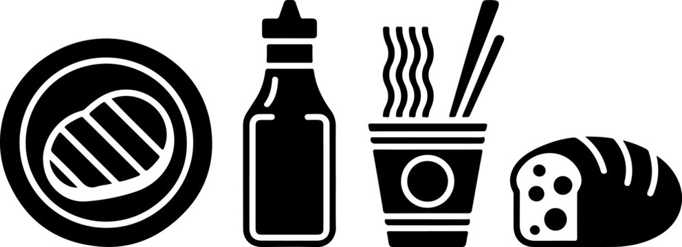 Food set in black and white of steak, soy sauce, instant noodles in cup, and bread loaf for restaurant menu template - Powered by Adobe