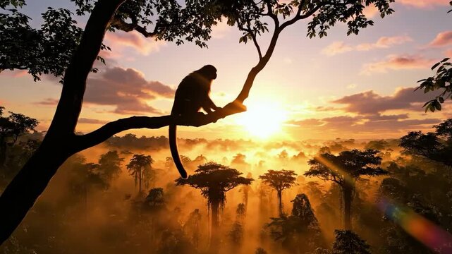 Sunset Silhouette Monkey perched on branch against golden sunlight