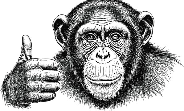Chimpanzee showing thumbs up gesture, hand drawn sketch vector illustration of monkey face isolated on white background for retro logo design.