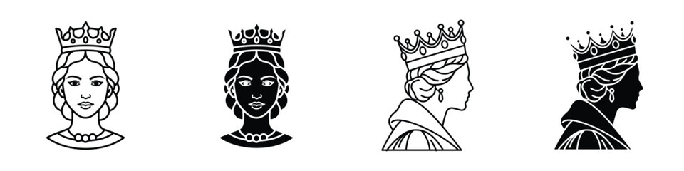 Queen icon in linear and clipart style pack on white background.