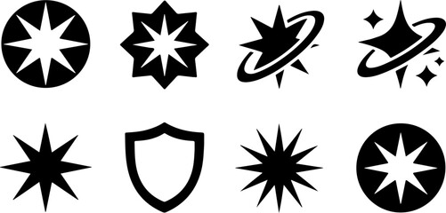Set of star shapes with various designs for website icons and game elements on white background vector illustration
