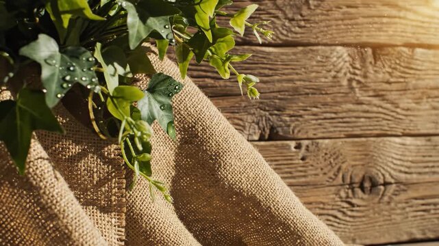 Natural Display with Greenery and Burlap - A close-up shows greenery with water droplets arranged on top of a burlap cloth, with a rustic wooden background.