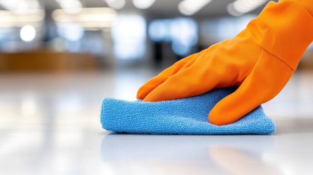 Effortlessly polishing glass surfaces with an orange glove and blue cloth in a modern commercial space during a bright day - Powered by Adobe