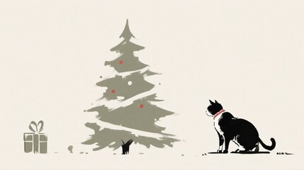 Obraz premium Minimal Christmas Tree and Black Cat Illustration with Gift Box