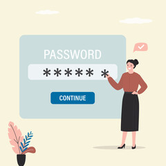 Cyber security, data protection. Young female character entering a password. User access to account.