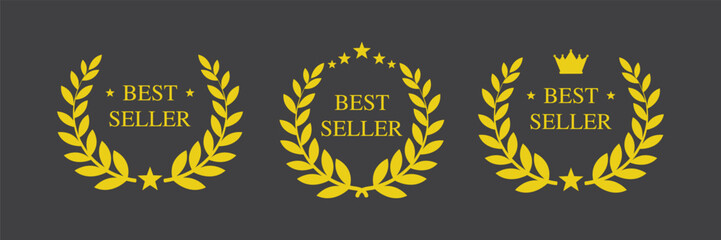 Best seller icons or logo set. Commerce signs template, elegant banner. Award laurel wreath. Best Choice or reward labels on dark background