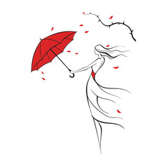 Beautiful woman holding red umbrella with rose thorns and falling petals vector illustration.