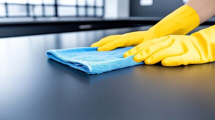 Hands in yellow rubber gloves diligently cleaning a bathroom sink with a blue rag, showcasing attention to detail