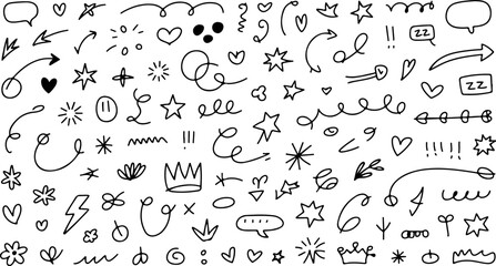 Assortment of whimsical hand drawn doodles with swirls, stars, hearts, and speech bubbles on clean white backdrop
