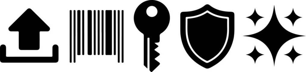 Upload symbol barcode key shield sparkle icons representing concepts like data management privacy encryption security protection design