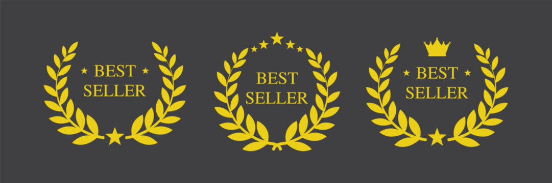 Best seller icons or logo set. Commerce signs template, elegant banner. Award laurel wreath. Best Choice or reward labels on dark background