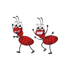 Adorable red ant characters smiling and dancing together in a cheerful cartoon illustration