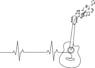 guitar heartbeat pulse line with musical notes one continuous line vector illustration.