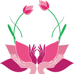 pink lotus flowers with praying hands vector design concept icon illustration.