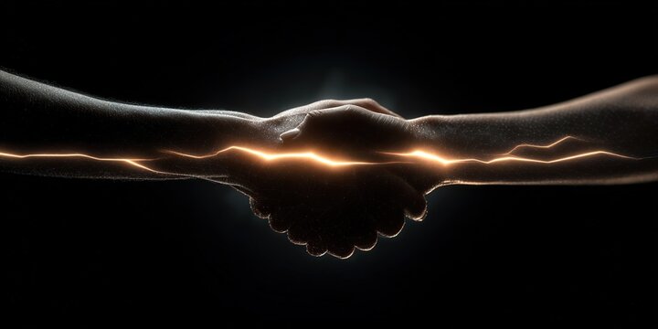 Two hands coming together in a powerful handshake illuminated by a bright energy pulse in a dark setting