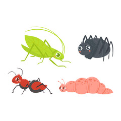 Cute Cartoon Insects Ant, Grasshopper, Spider, and Caterpillar Illustrations