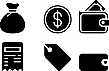 Set of financial icons representing money payment shopping and price in minimal black and white design for business concept