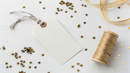 Blank gift tag ribbon spool gold star confetti festive holiday minimal flatlay white background celebrate joy