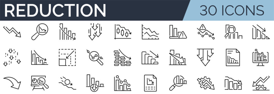 Set of 30 outline icons related to reduction. Linear icon collection. Editable stroke. Vector illustration