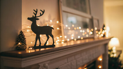 Reindeer silhouette holiday decor warm bokeh fairy light cozy interior mantel shelf pine cone festive glow winter season soft focus. Reindeer