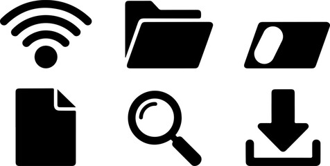 Set of internet icons representing connectivity file management search and download in minimal black and white design