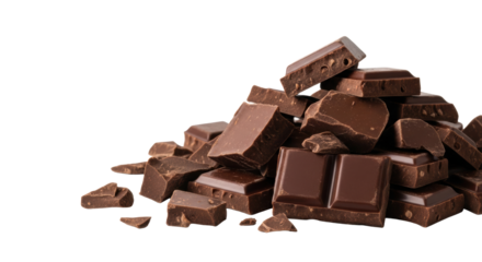 Meticulously arranged rich dark chocolate chunks, diverse textures, deep brown tones, on a pristine transparent background with copy space, high-end gourmet product concept