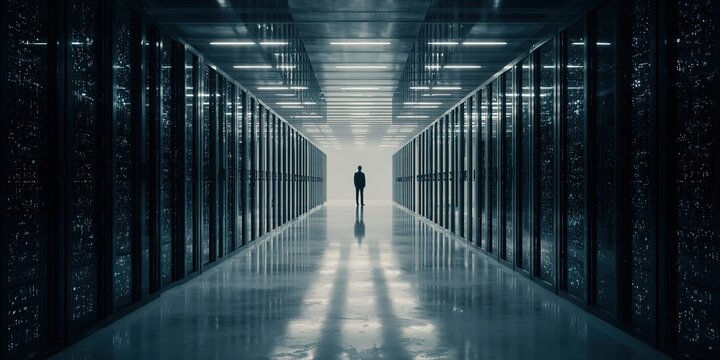 Mysterious figure stands alone in a dark server room with glowing lights and reflections