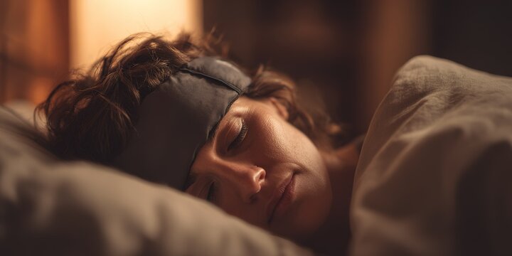 Woman sleeps peacefully in a cozy bedroom at night while wearing a sleep mask for better rest and relaxation