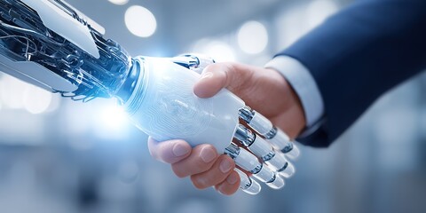 Human and robot shake hands in a modern office setting showcasing technology and innovation