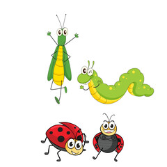 Vibrant and cheerful collection of cartoon insects a happy grasshopper, playful caterpillar, and two cute ladybugs