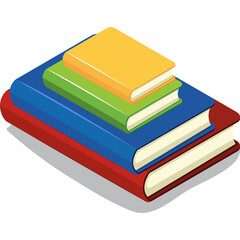 Stack of Four Assorted Hardcover Books Featuring Red Blue Green and Yellow Covers Arranged in a Diagonal Formation on a Transparent Background