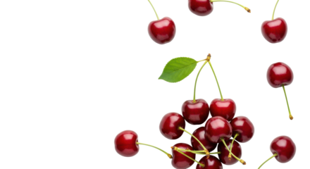 Ripe, glossy dark red cherries with vibrant green stems and leaves, artfully scattered on a transparent background, flat lay overhead shot, soft studio light, concept of freshness and healthy eating