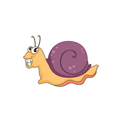 Funny cartoon snail character with a big toothy grin and purple shell isolated on white