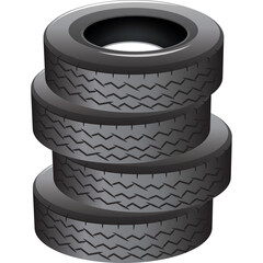 Stack Of Four Black Rubber Tires With Tread Pattern Isolated On A Transparent Background Showing Detailed Texture And Shape For Automotive Use