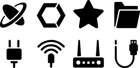 Set of web or app icons with planet hexagon star folder electric plug wifi router and usb data cable connection symbols