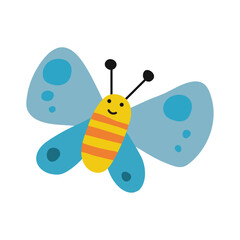 Cute cartoon blue butterfly with yellow and orange stripes on its body, whimsical and adorable