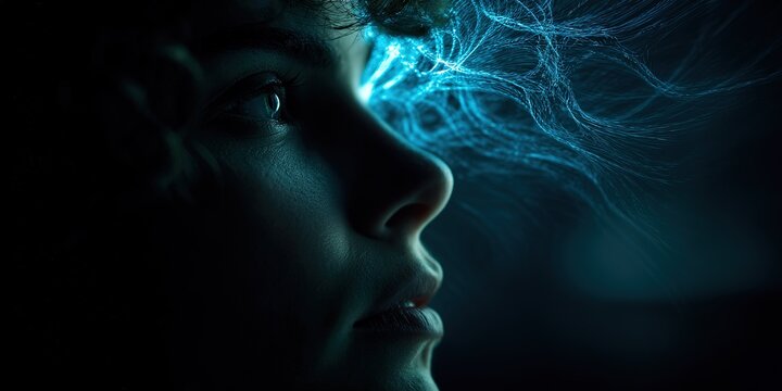 Young person gazing thoughtfully while illuminated by soft blue light in dim setting