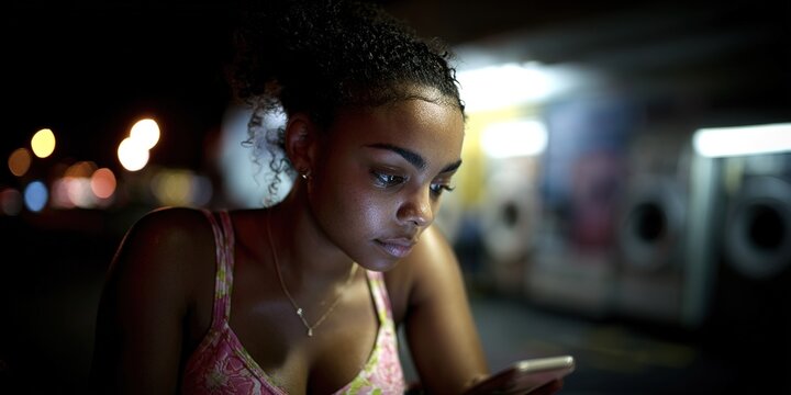 Young woman engaged with her smartphone at night outside a laundromat in a urban setting - Powered by Adobe
