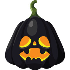Spooky Black Halloween Pumpkin with Glowing Orange Face and Green Stem on Transparent Background