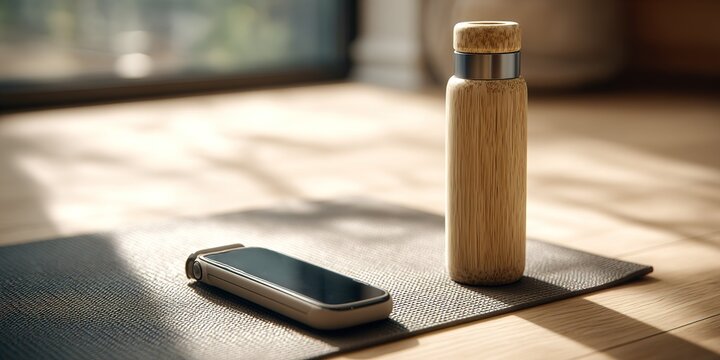 Water bottle and smartphone on yoga mat in bright room during morning light