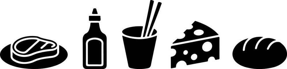 Food icons representing steak, sauce, beverage, cheese, and bread depicted as bold black silhouettes against light grey backdrop